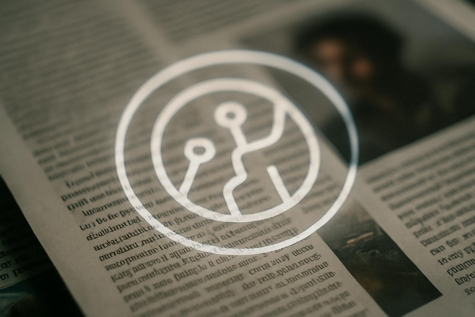 Et abstrakt digitalt segl eller vannmerke som projiseres over strømmer av tekst og bilder, symboliserer merking av kunstig intelligens-generert innhold