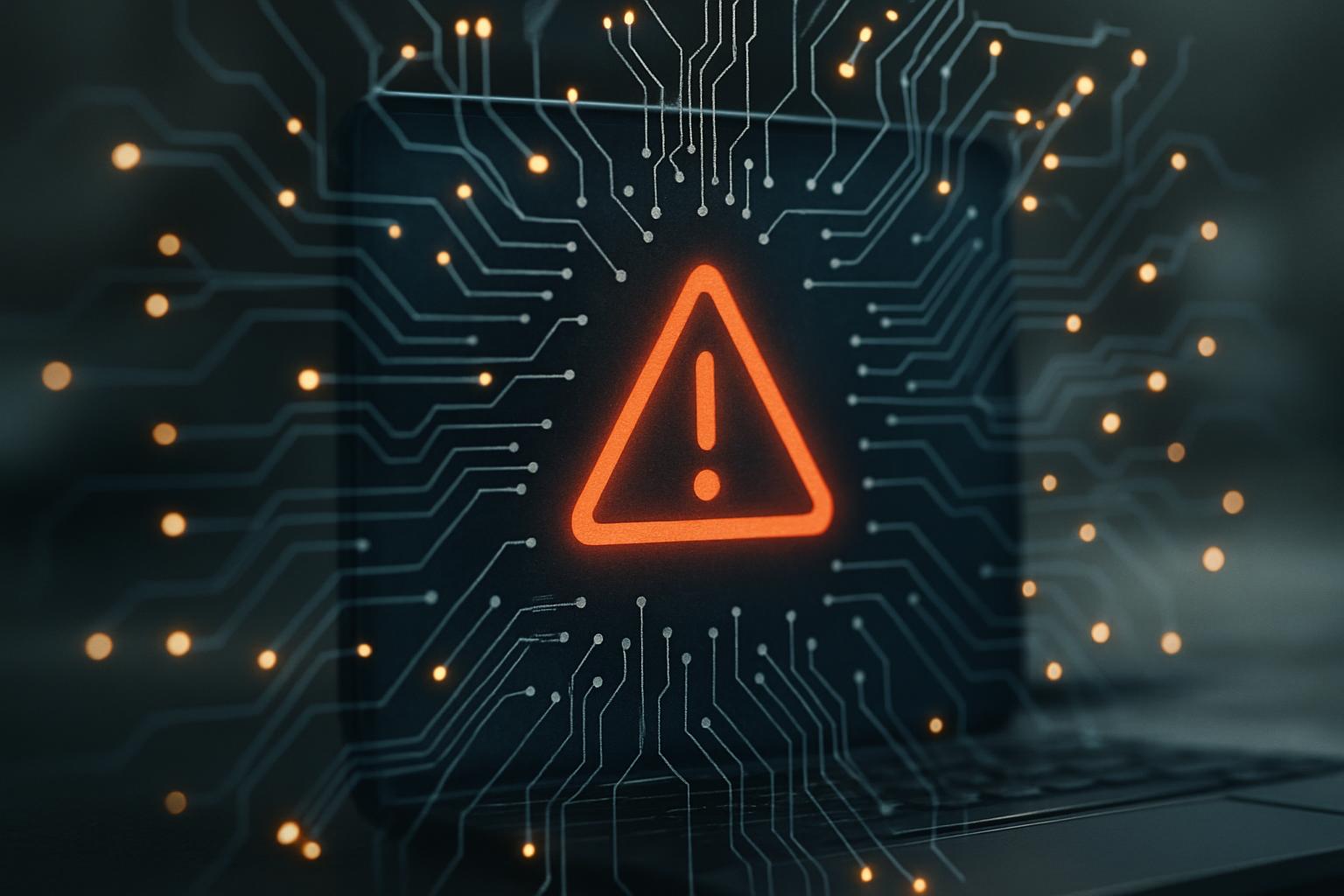 Et abstrakt digitalt nettverk av lysende noder og kretsmønstre som omslutter et stilisert skjermbilde, med en subtil advarselsfarge som antyder økt sikkerhetsrisiko